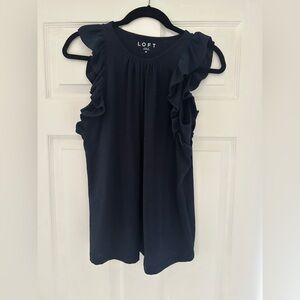 LOFT Navy Blue High Neck Blouse with Ruffles